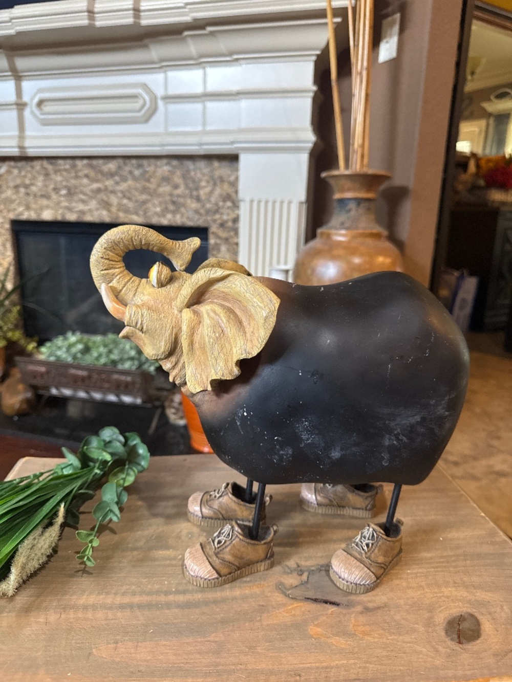 Large Resin Whimsical Elephant Figurine With Trunk Up, Chalkboard sides.